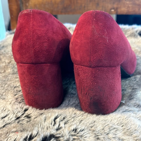 PRADA Runway Suede Oxtail Maroon Red Block Heel Pointy Toe Heels, Size 38.5 - Picture 7 of 12